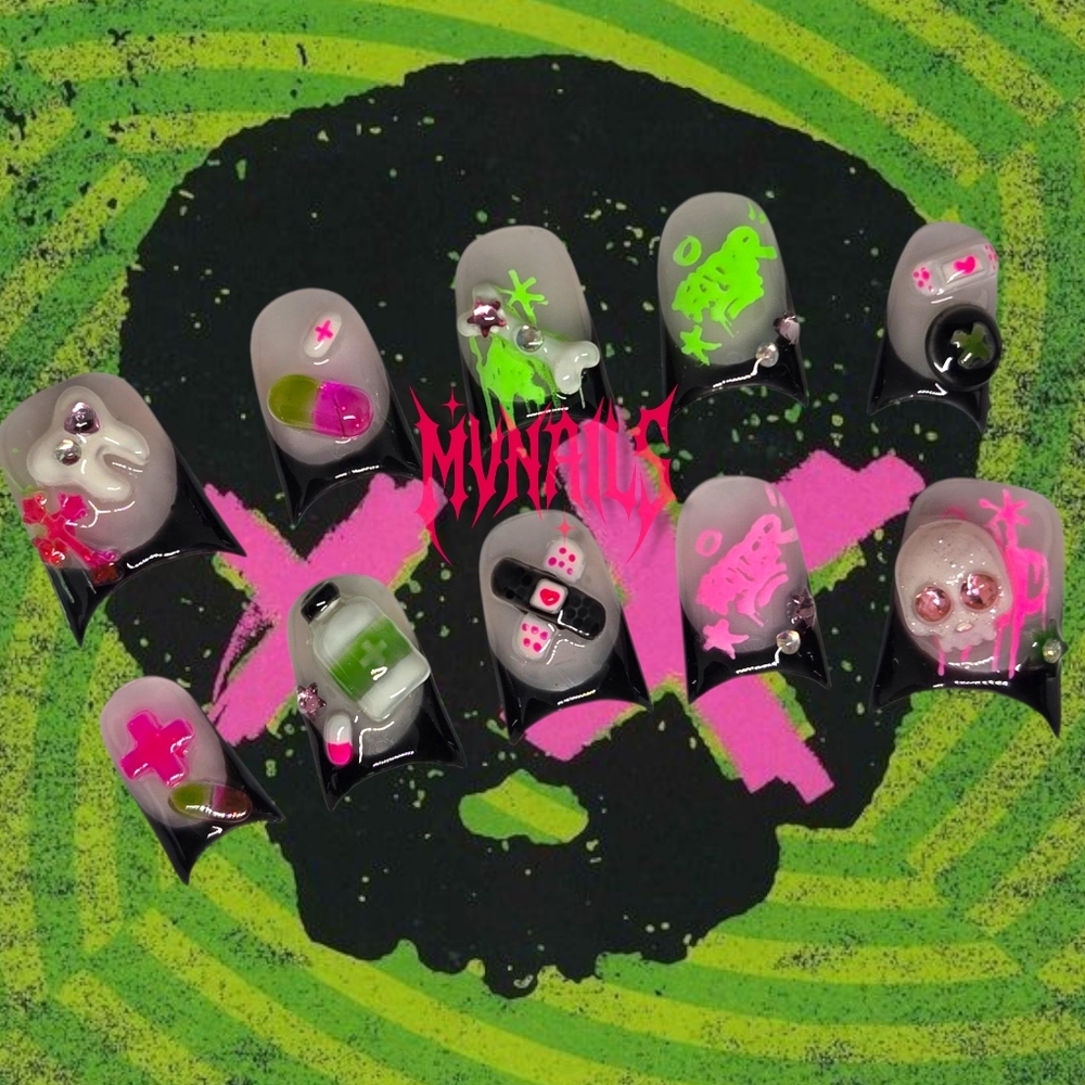 Neon Pink and Green Skull Nail Art Set